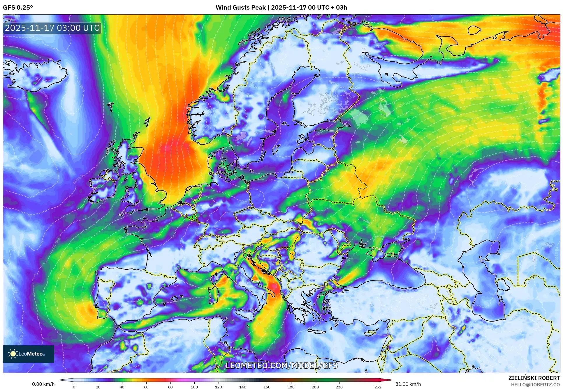 GFS model - Europe, Wind Gusts Peak