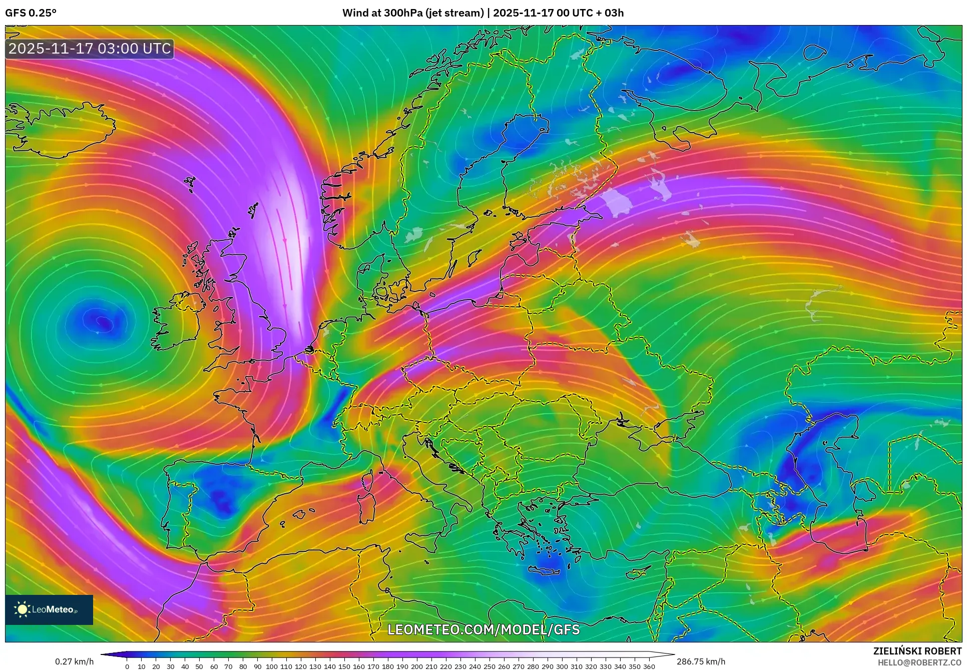 GFS model - Europe, Wind at 300hPa (jet stream)