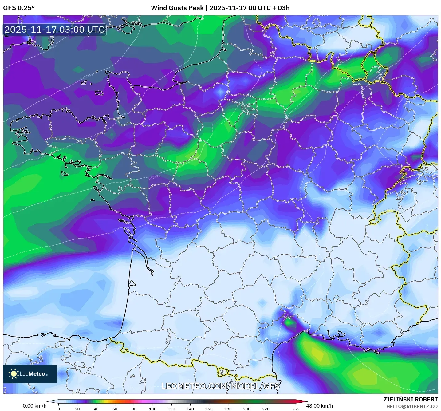 GFS model - France, Wind Gusts Peak