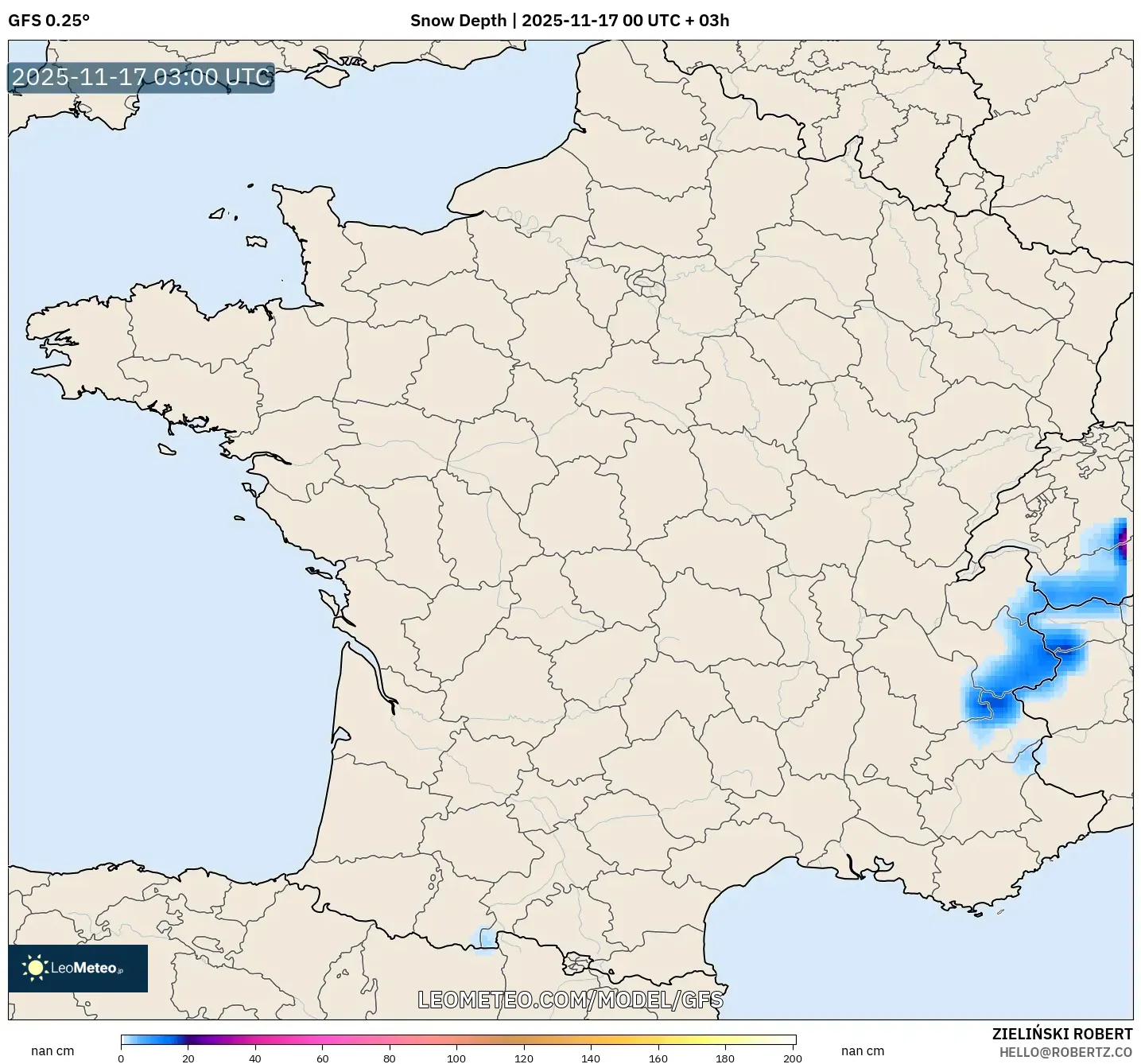 GFS model - France, Snow Depth