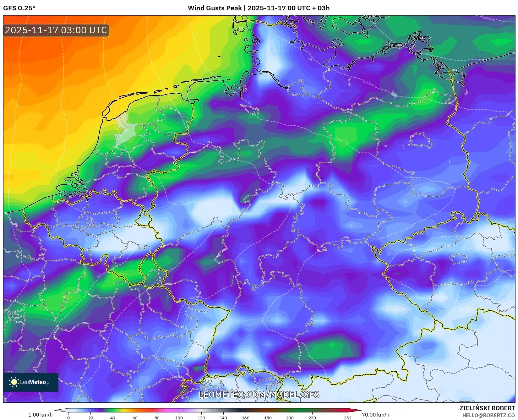 GFS model - Germany, Wind Gusts Peak