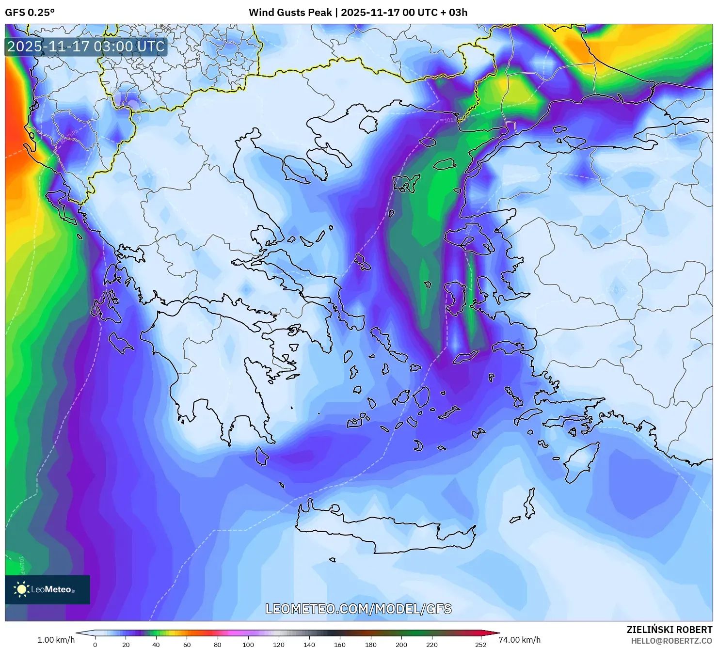 GFS model - Greece, Wind Gusts Peak