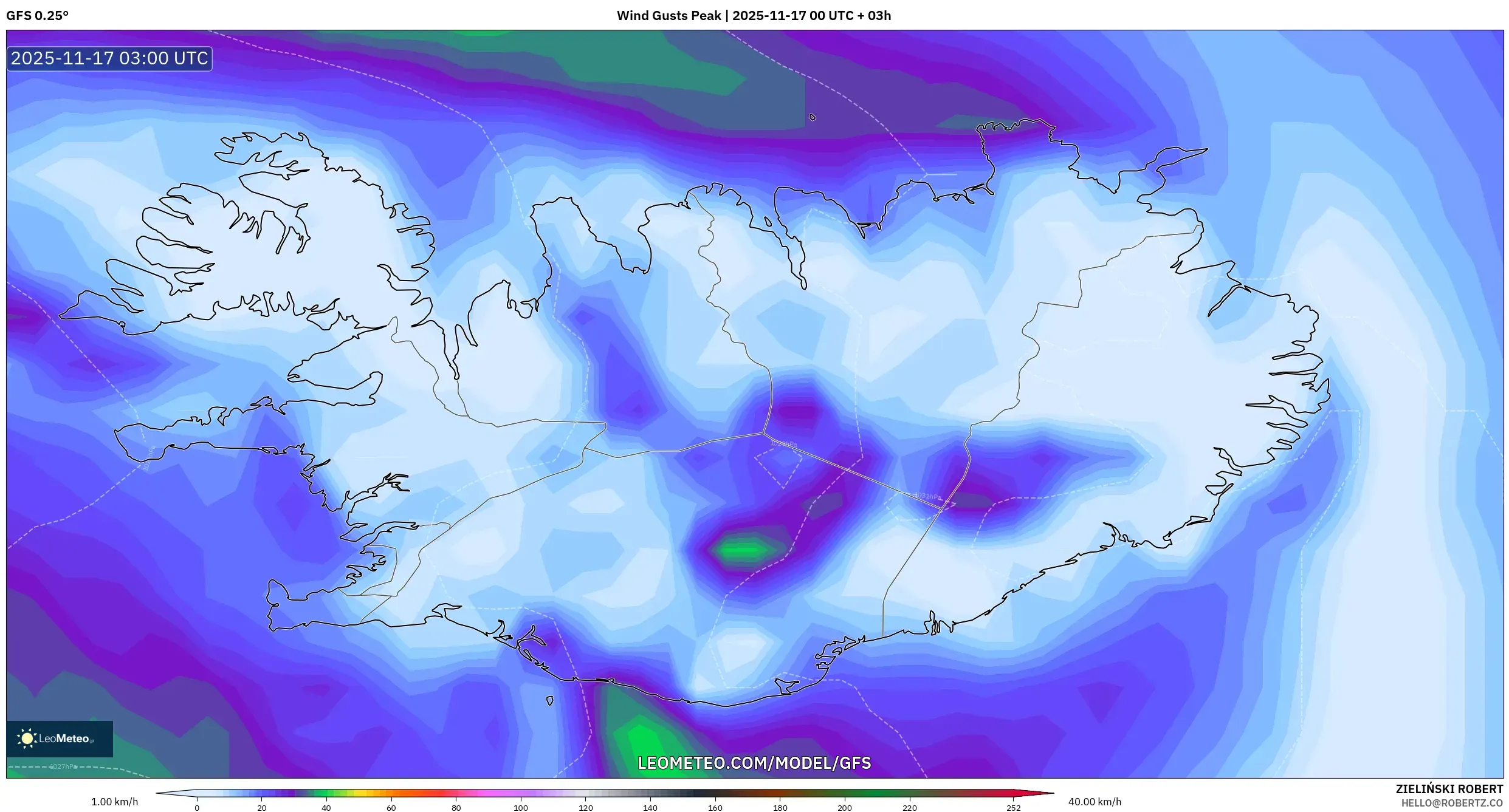 GFS model - Iceland, Wind Gusts Peak