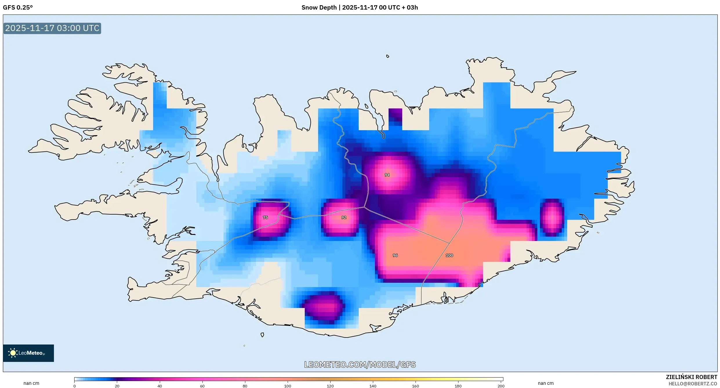 GFS model - Iceland, Snow Depth