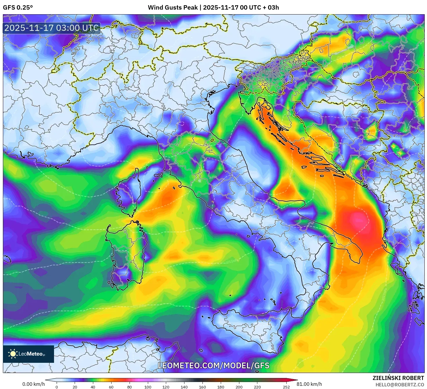 GFS model - Italy, Wind Gusts Peak
