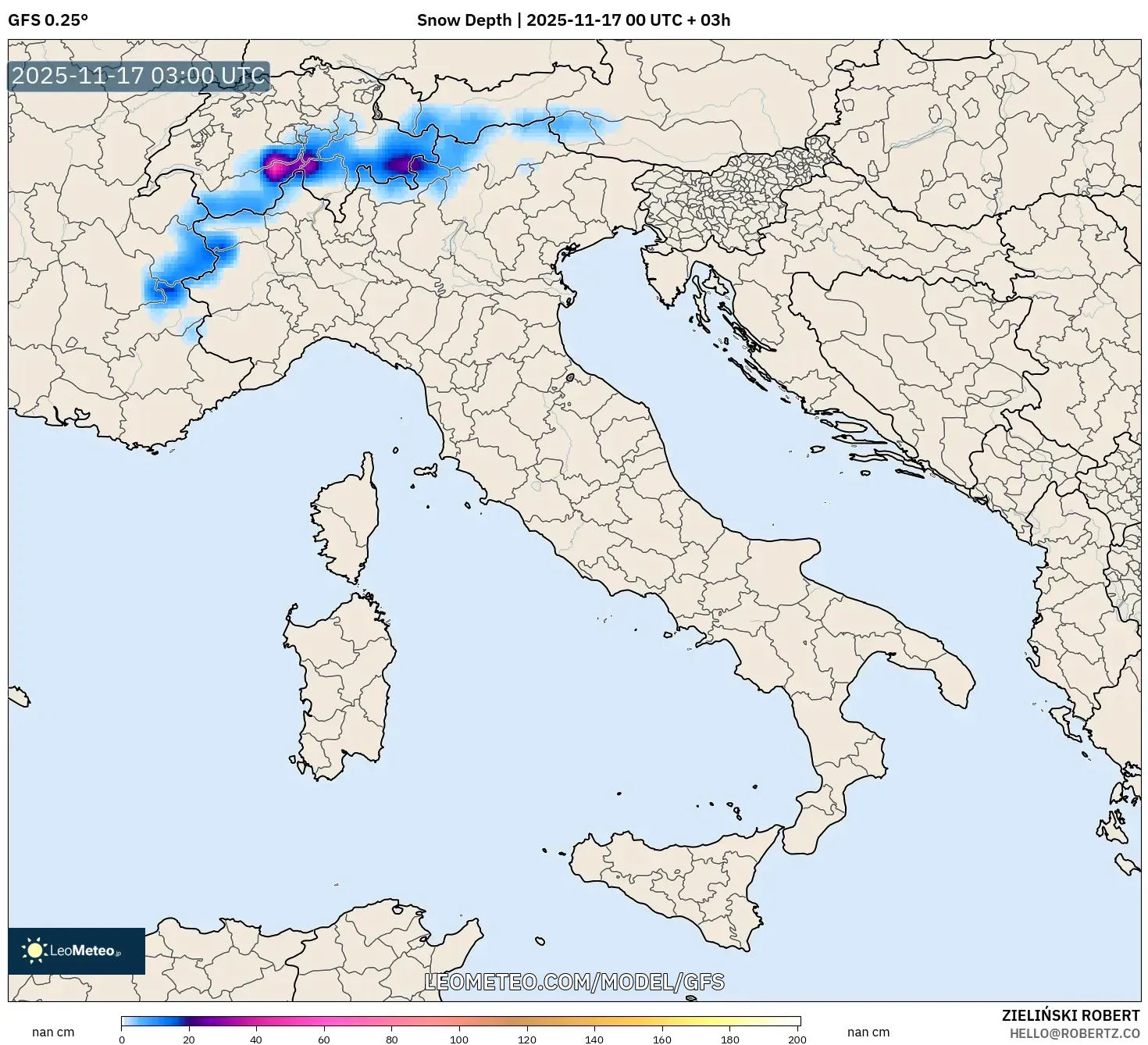 GFS model - Italy, Snow Depth