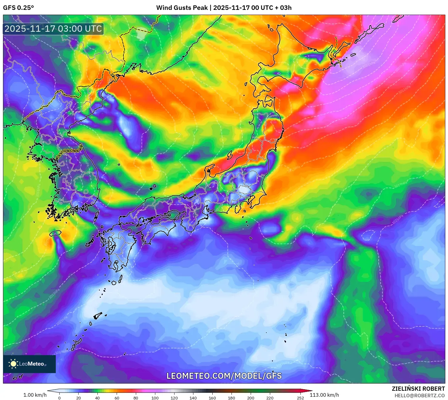 GFS model - Japan, Wind Gusts Peak