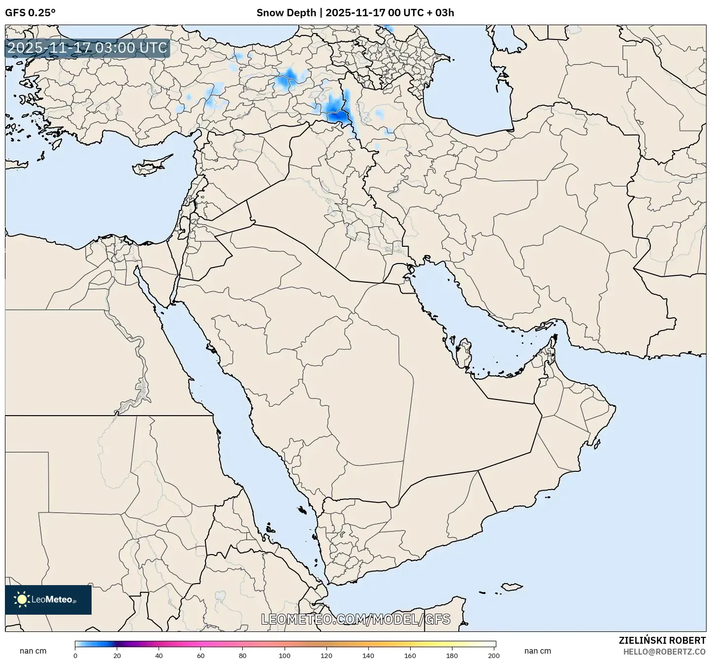 GFS model - Middle East, Snow Depth