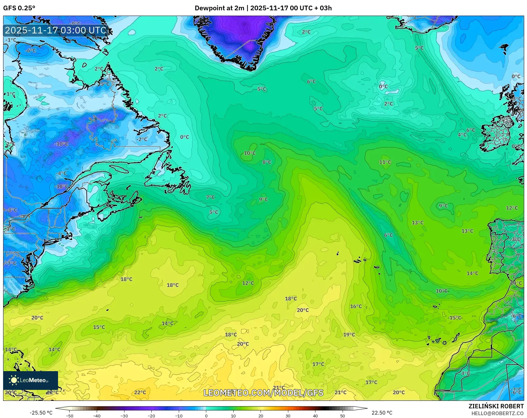 GFS model - North Atlantic, Dewpoint at 2m