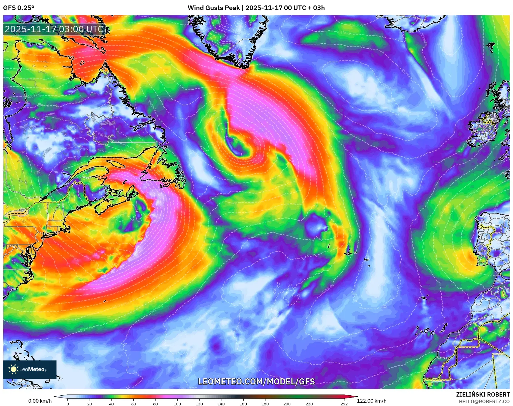 GFS model - North Atlantic, Wind Gusts Peak