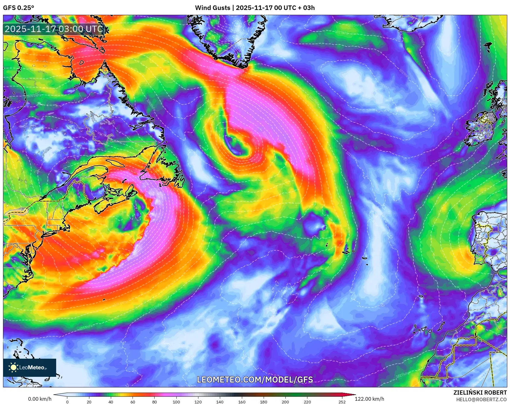 GFS model - North Atlantic, Wind Gusts