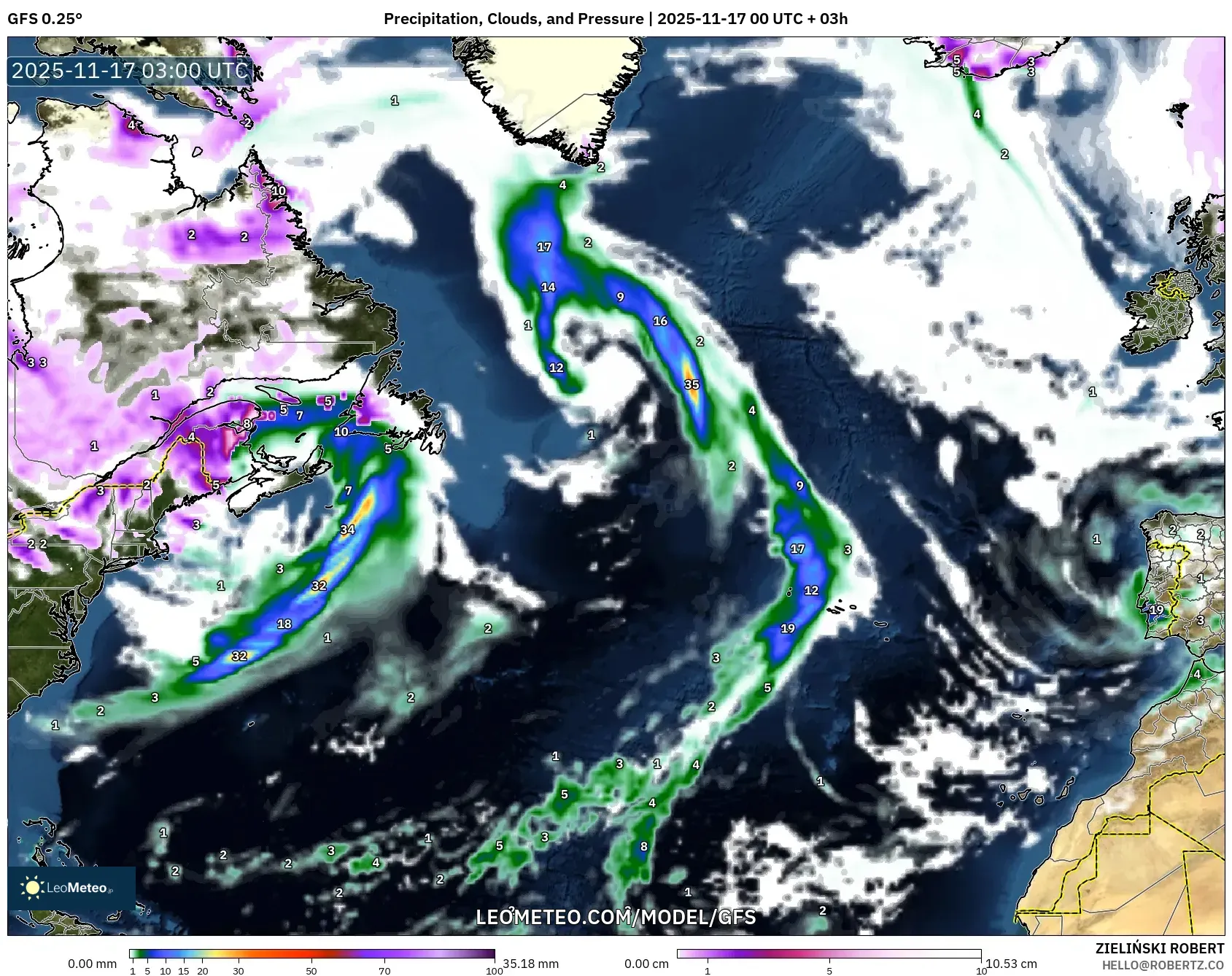 GFS model - North Atlantic, Precipitation, Clouds, and Pressure