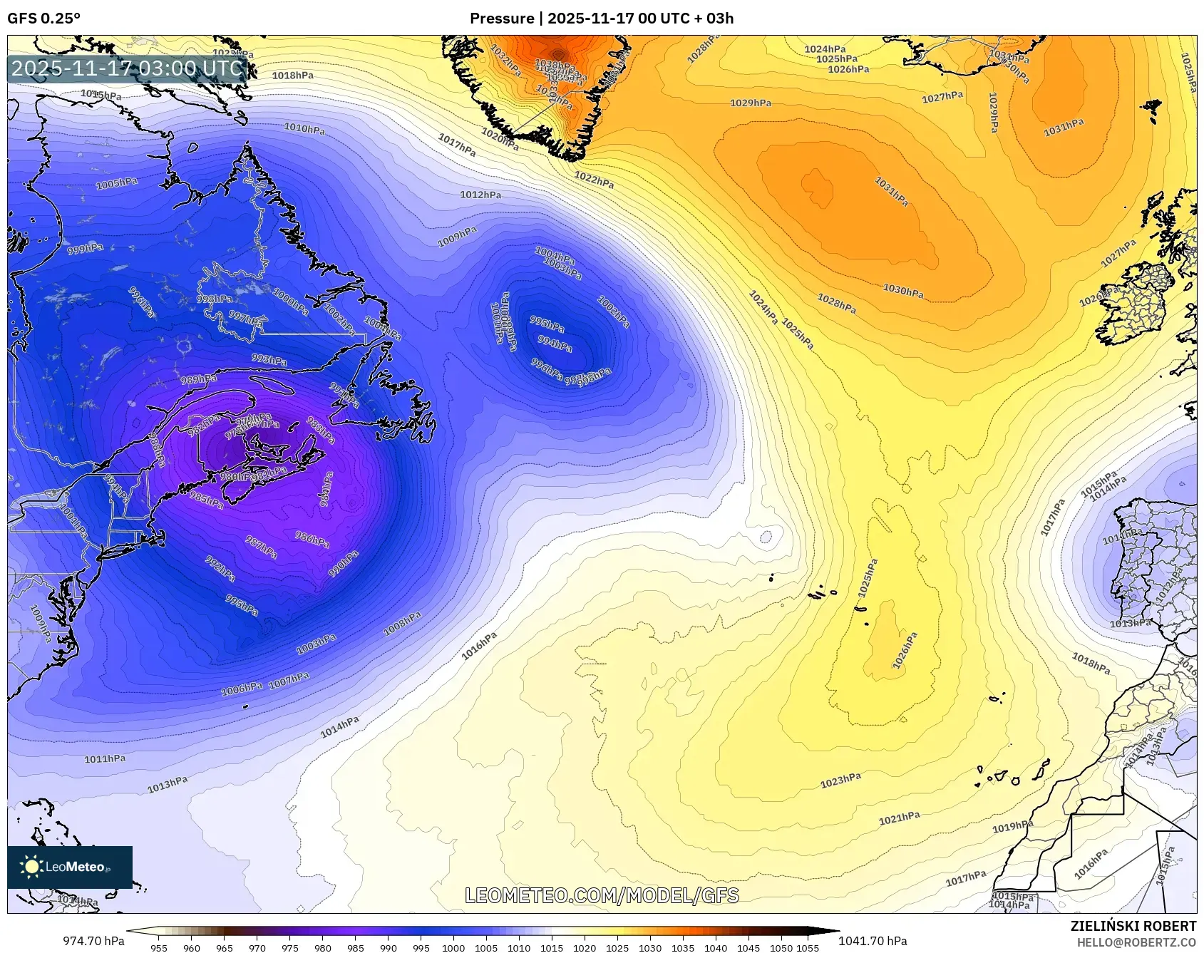 GFS model - North Atlantic, Pressure