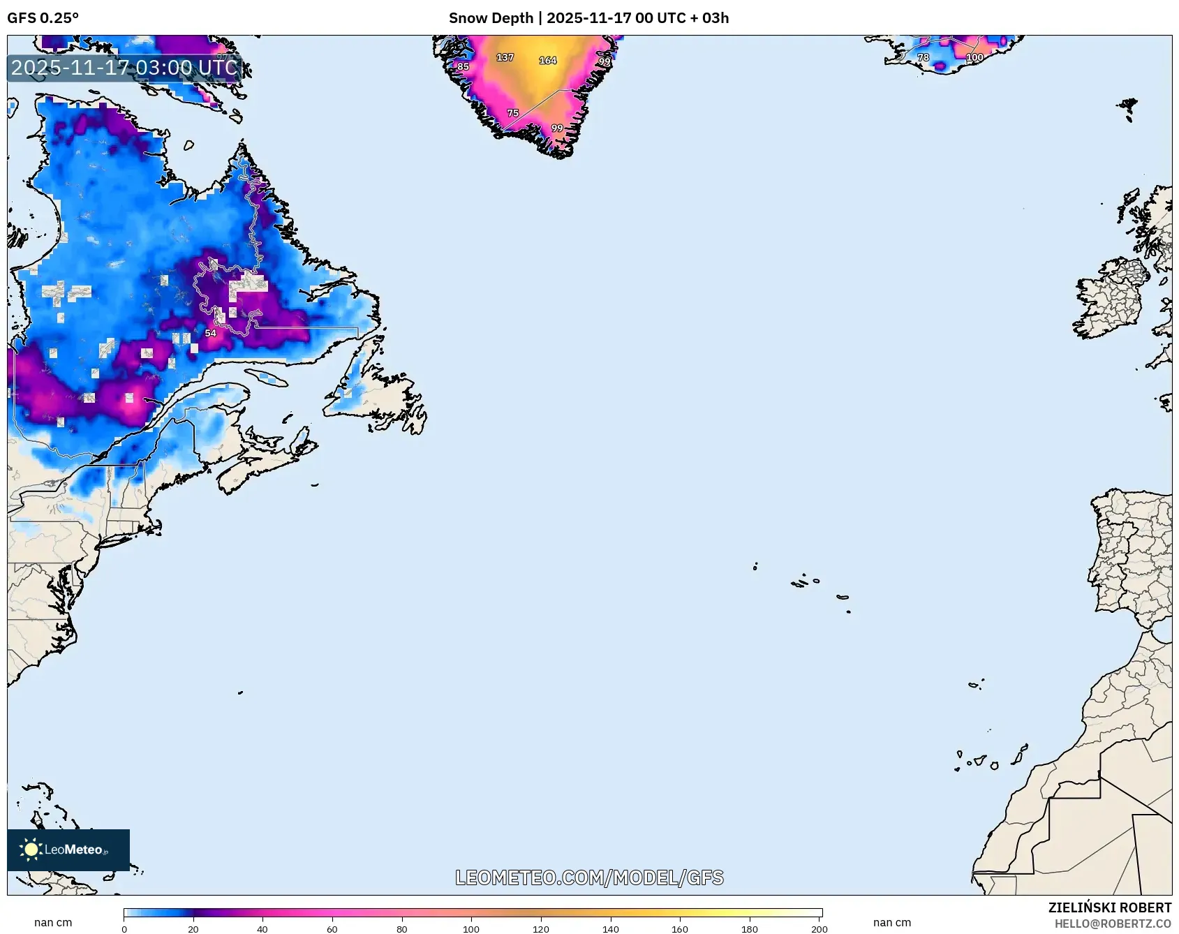 GFS model - North Atlantic, Snow Depth