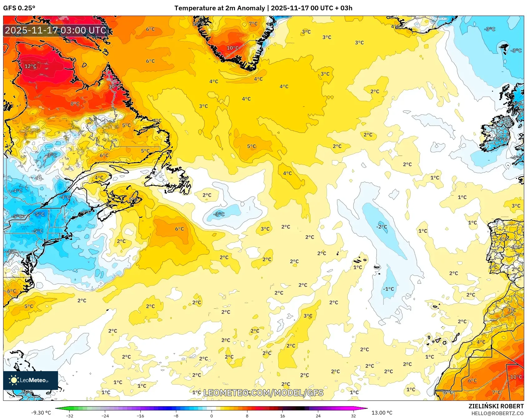 GFS model - North Atlantic, Temperature at 2m Anomaly