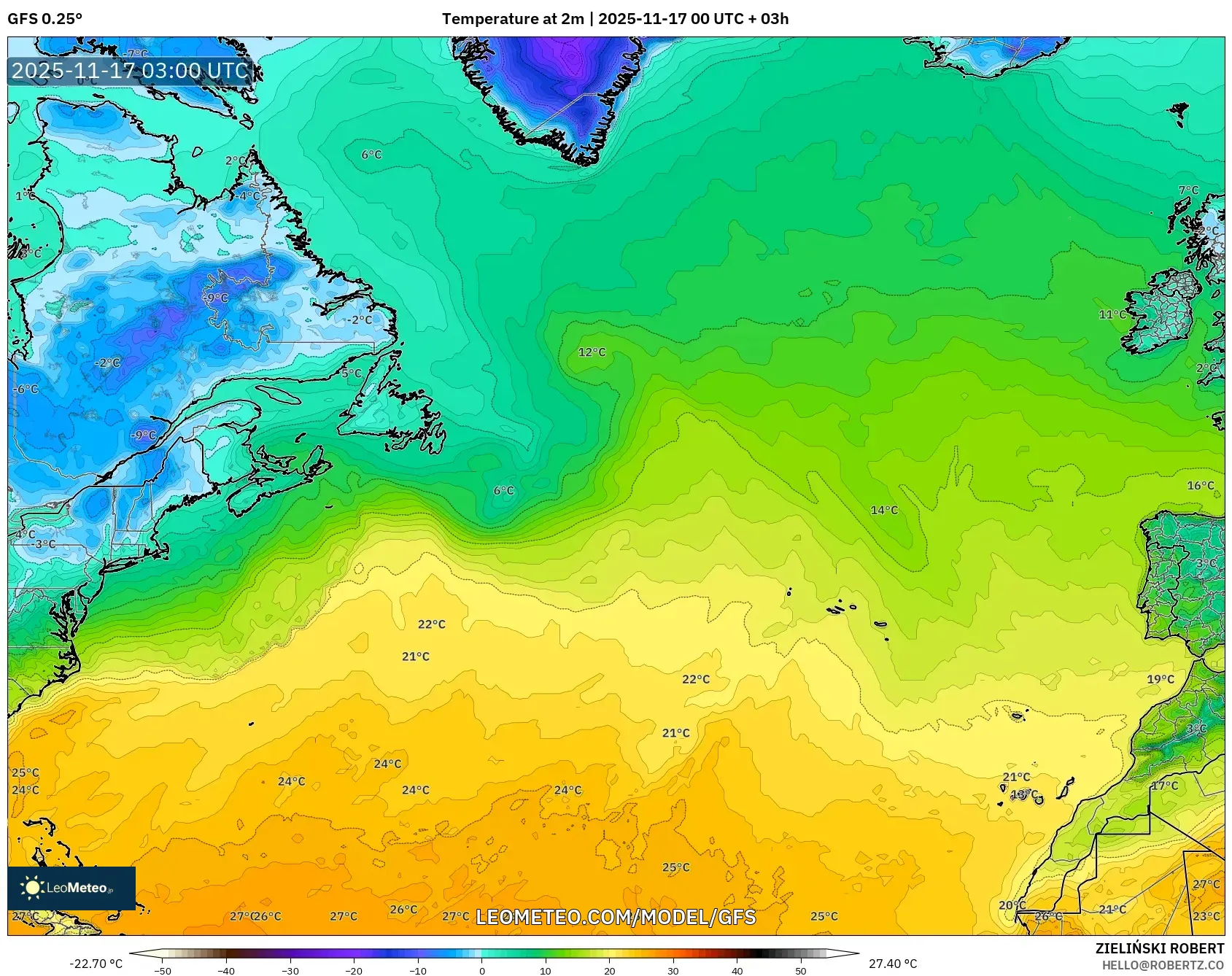 GFS model - North Atlantic, Temperature at 2m