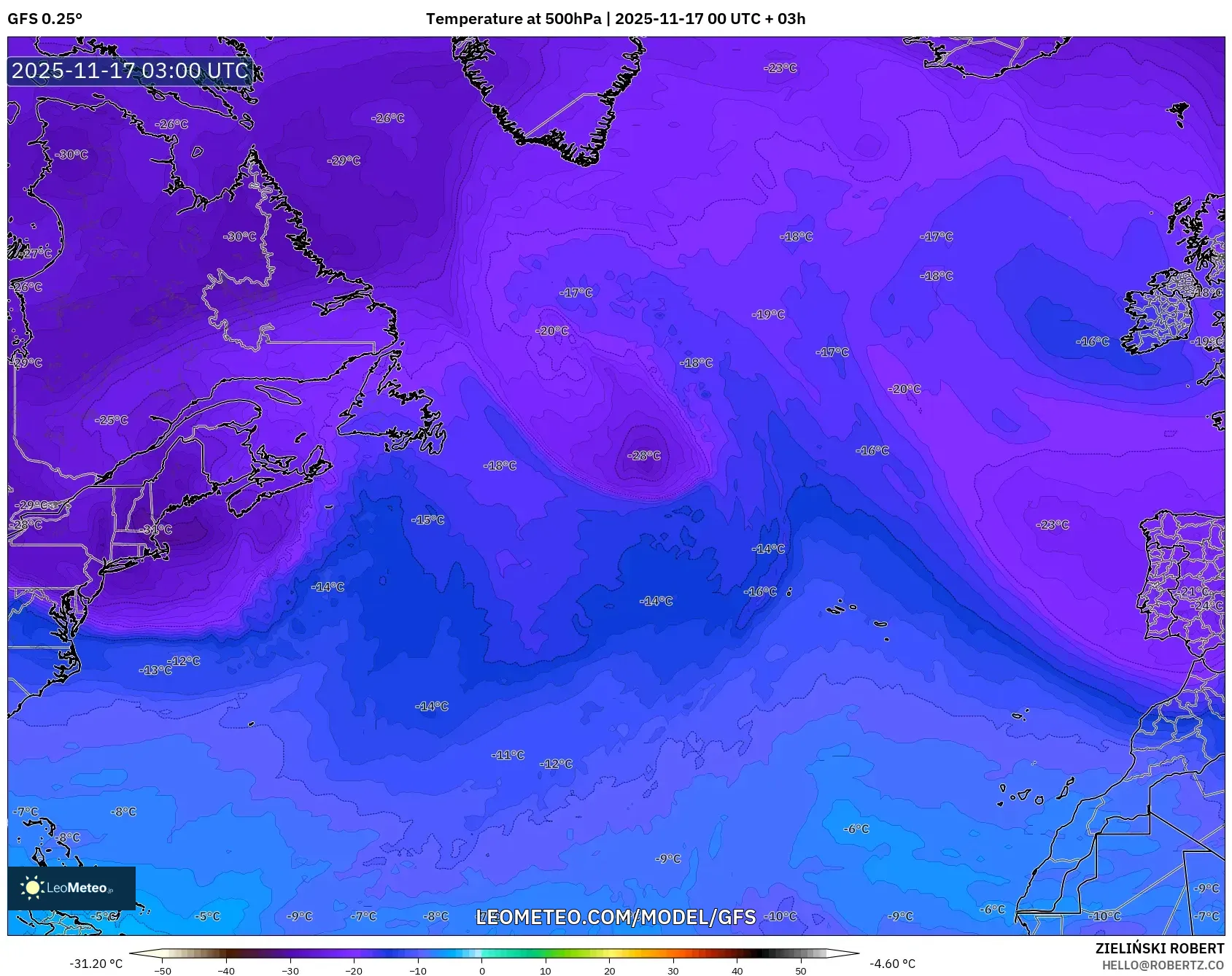 GFS model - North Atlantic, Temperature at 500hPa