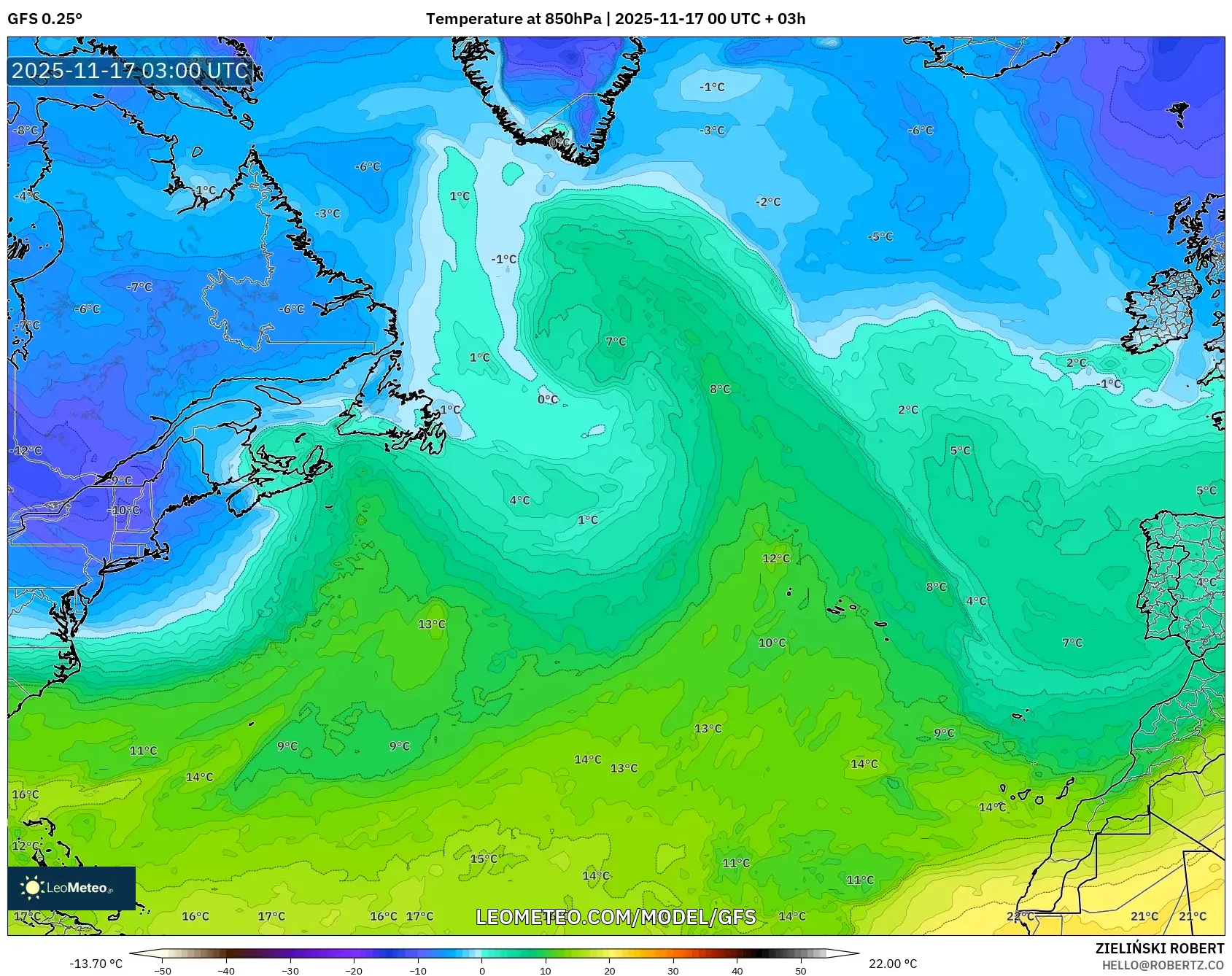 GFS model - North Atlantic, Temperature at 850hPa
