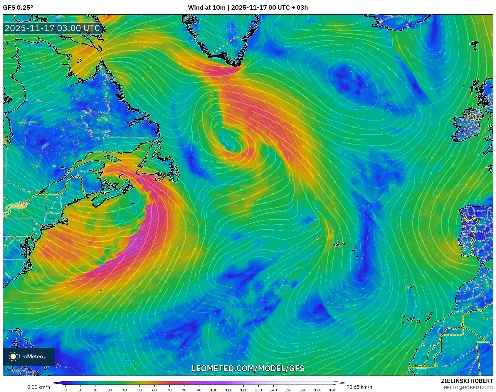 GFS model - North Atlantic, Wind at 10m