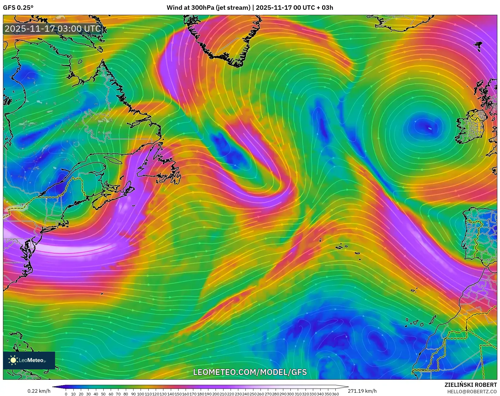 GFS model - North Atlantic, Wind at 300hPa (jet stream)
