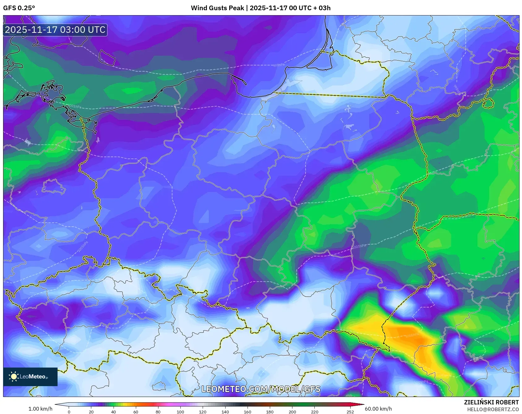 GFS model - Poland, Wind Gusts Peak