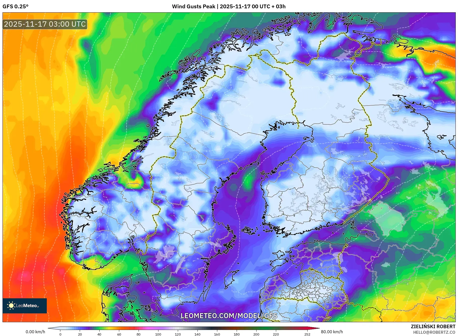 GFS model - Scandinavia, Wind Gusts Peak