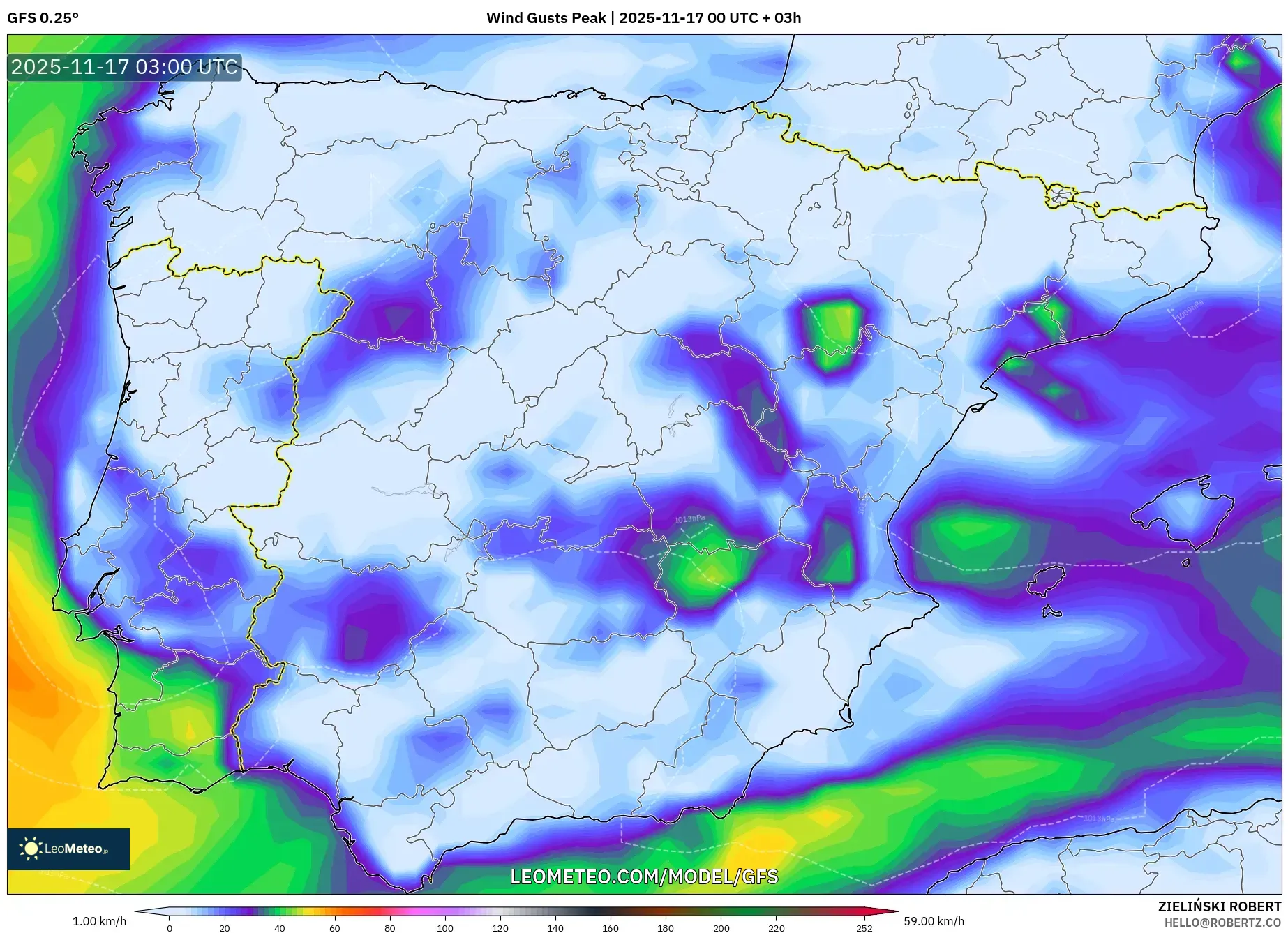 GFS model - Spain, Wind Gusts Peak