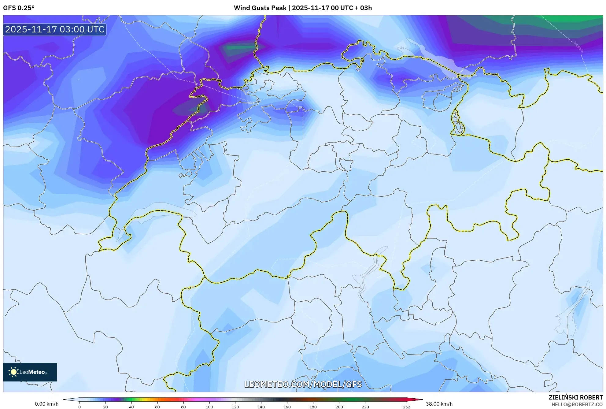 GFS model - Switzerland, Wind Gusts Peak