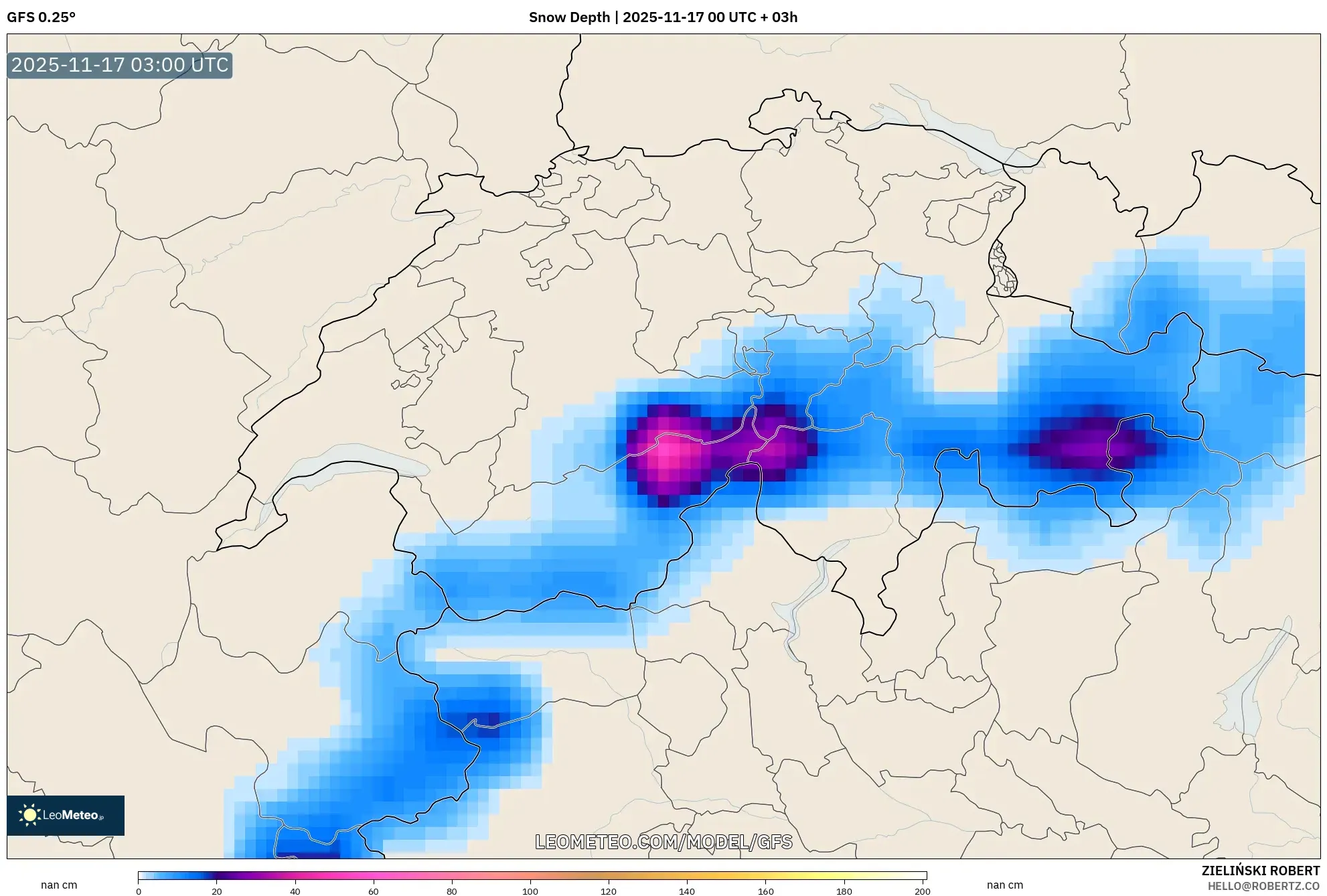 GFS model - Switzerland, Snow Depth
