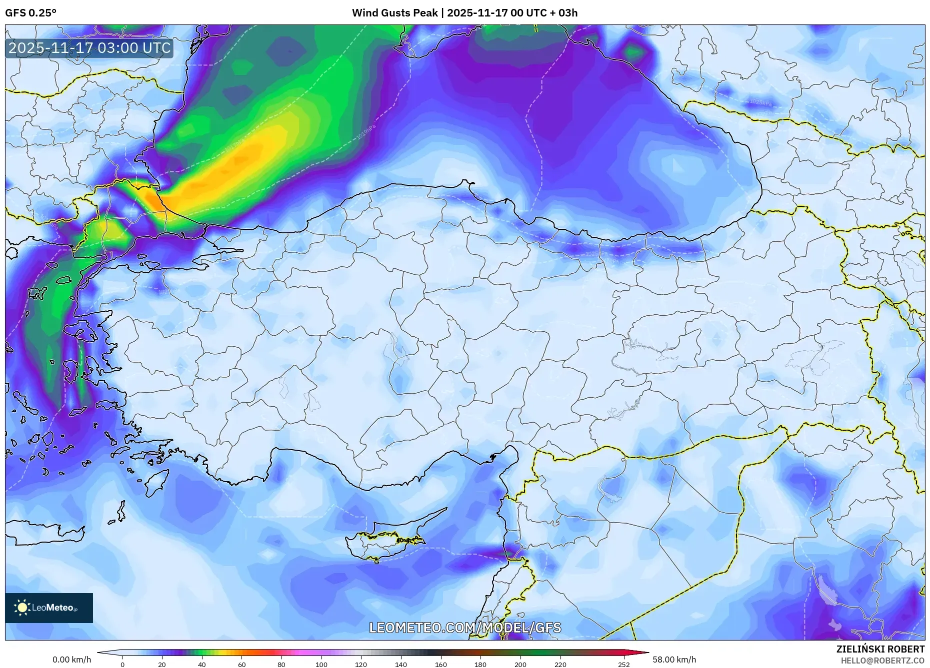 GFS model - Turkey, Wind Gusts Peak