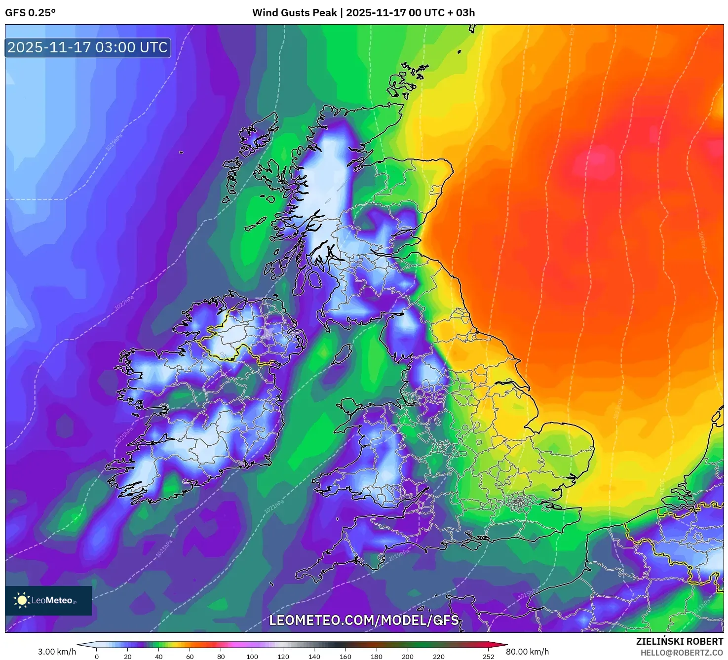 GFS model - United Kingdom, Wind Gusts Peak