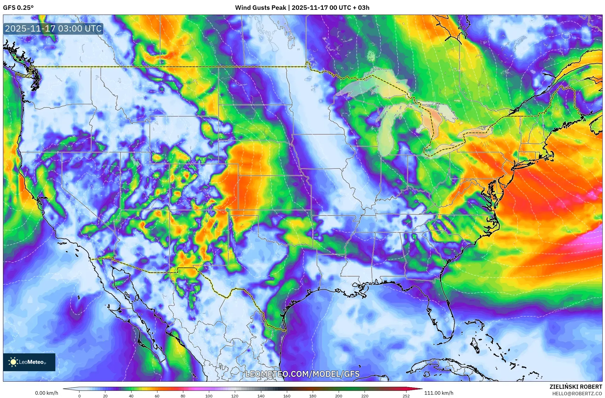 GFS model - United States, Wind Gusts Peak
