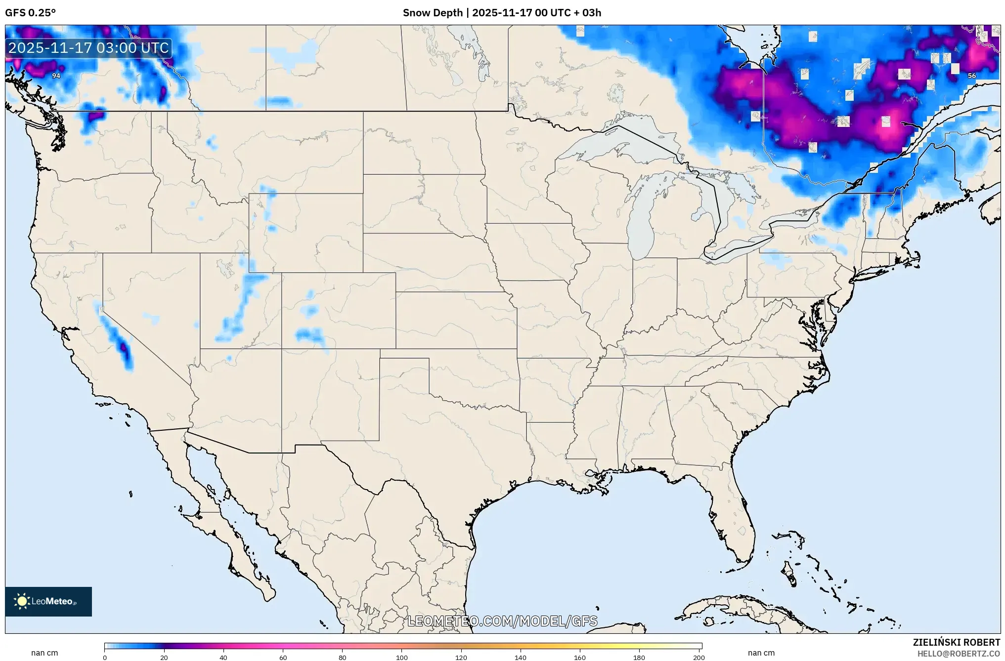 GFS model - United States, Snow Depth
