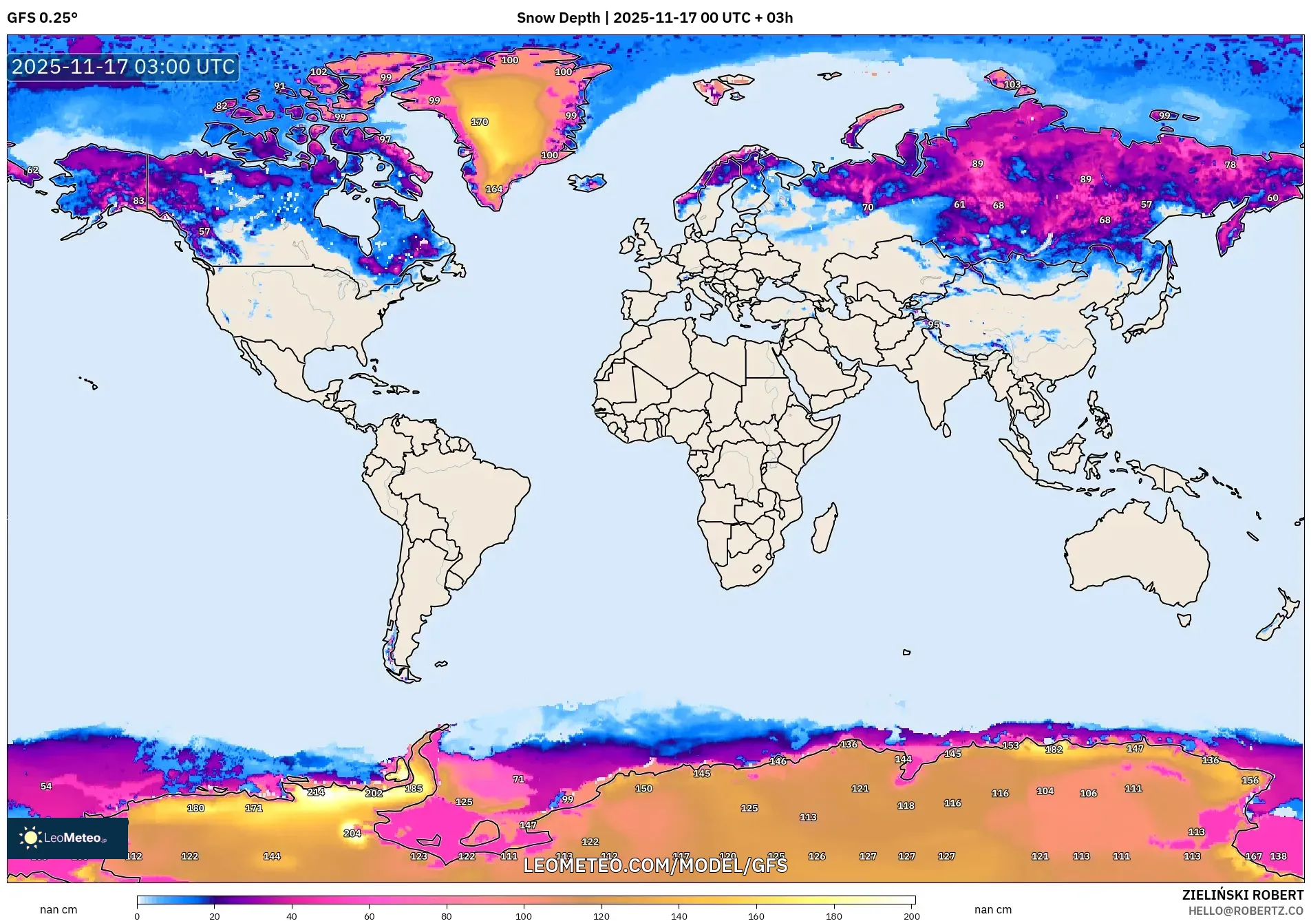 GFS model - World, Snow Depth