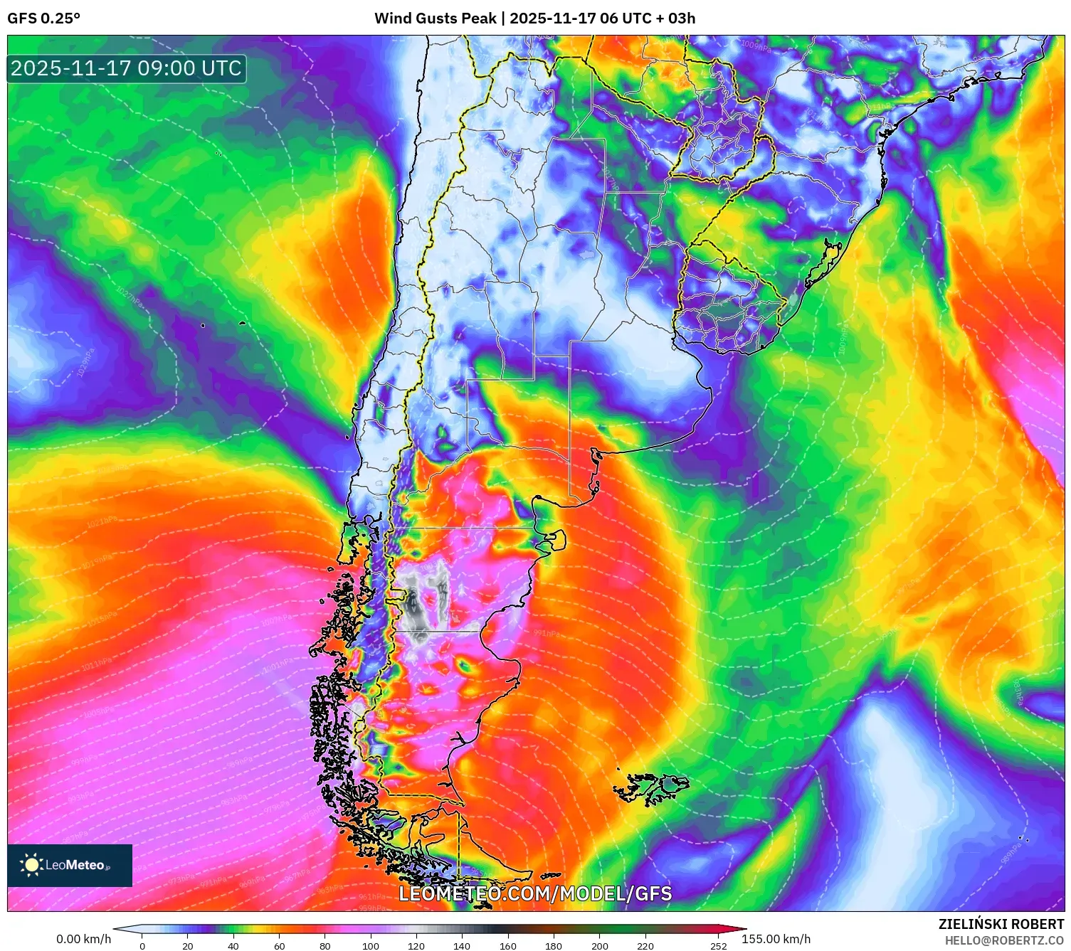 GFS model - Argentina, Wind Gusts Peak