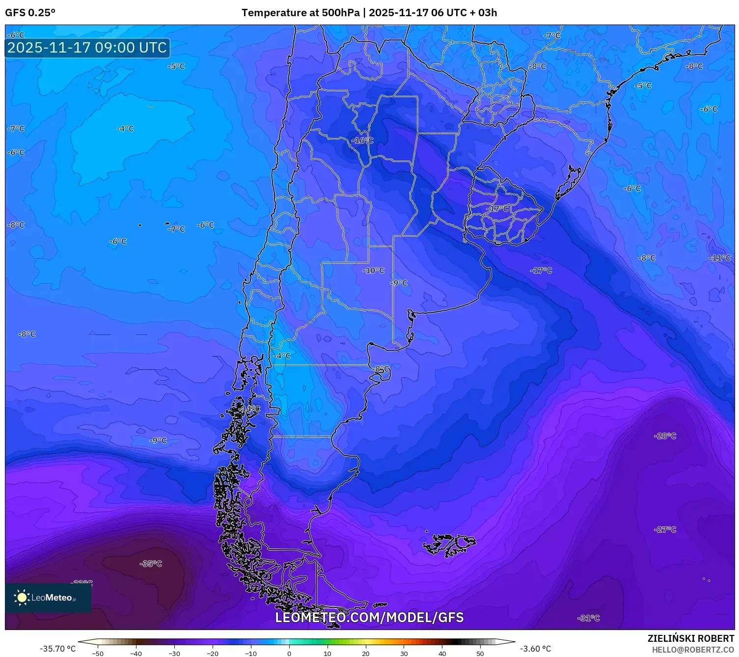 GFS model - Argentina, Temperature at 500hPa