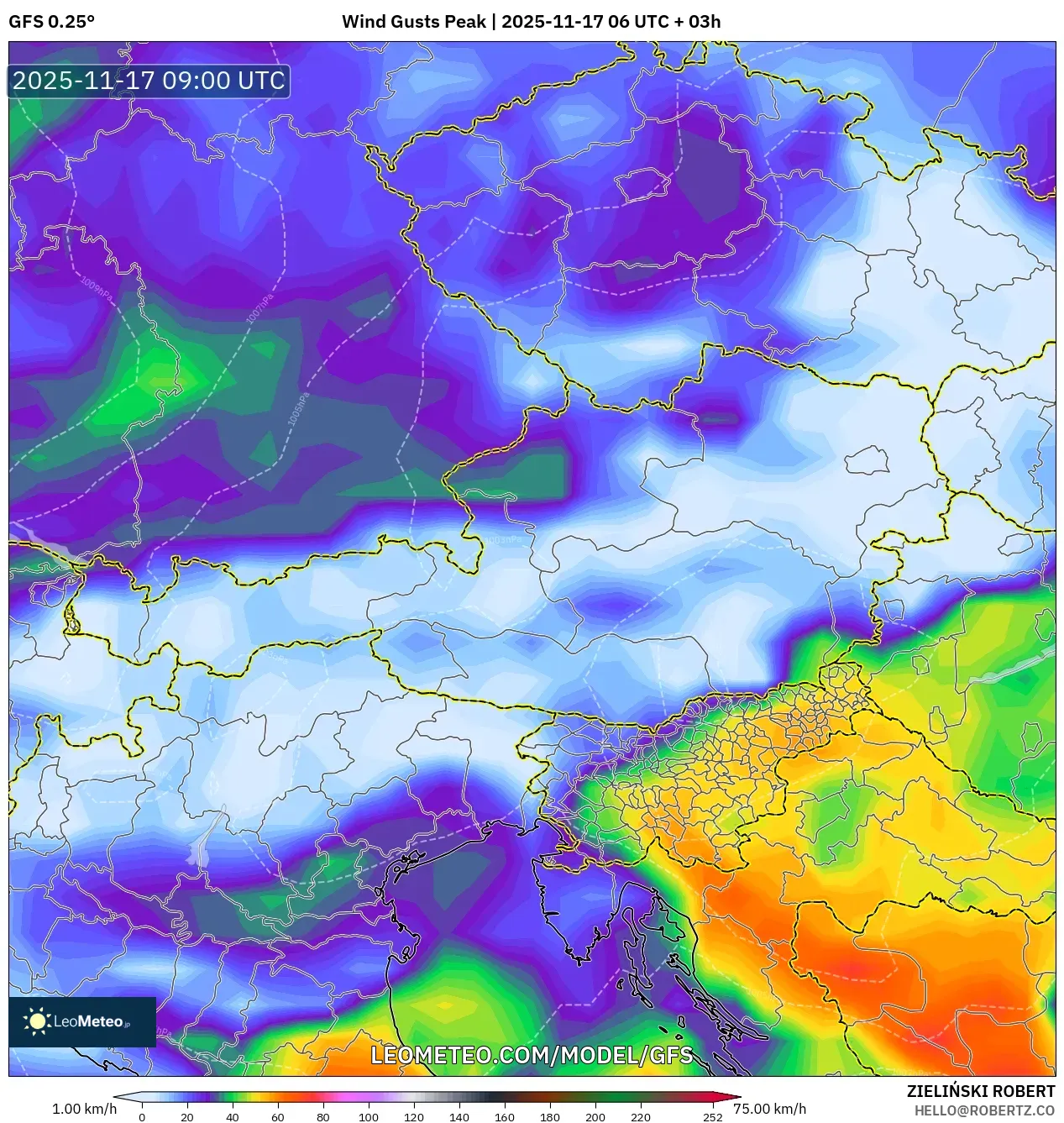 GFS model - Austria, Wind Gusts Peak
