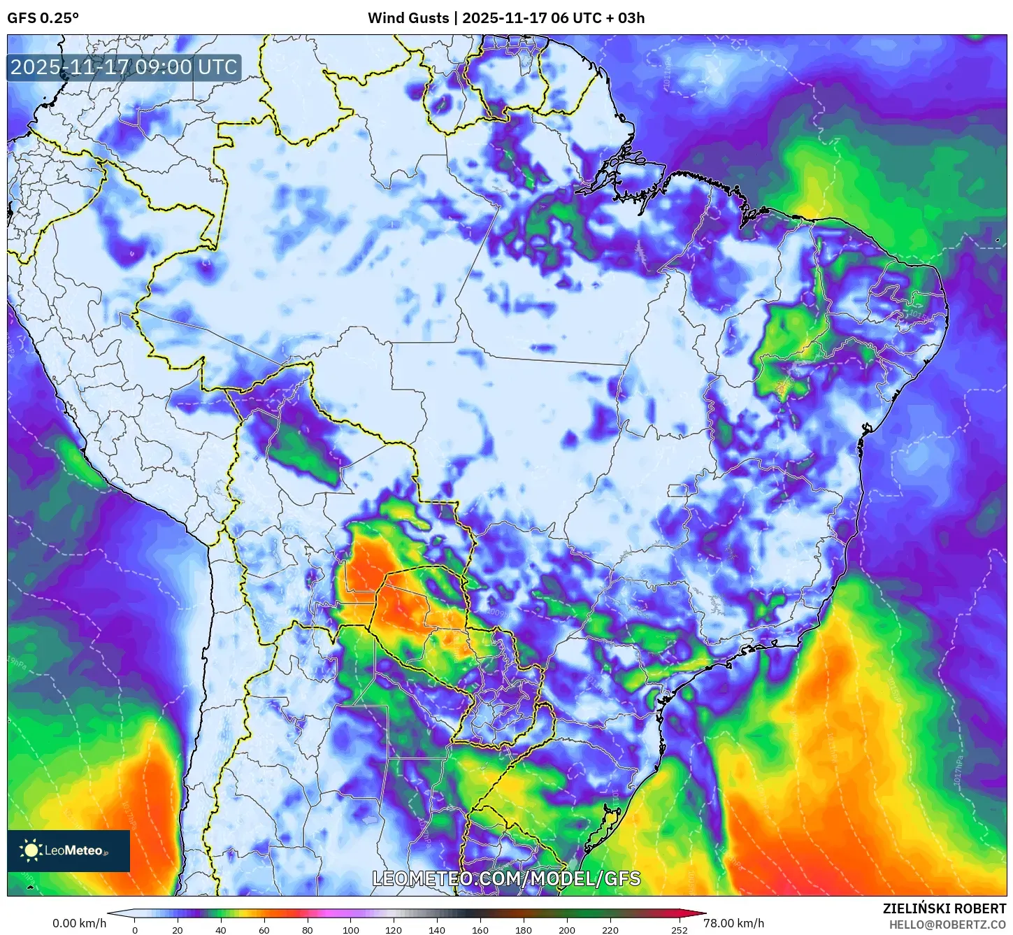 GFS model - Brazil, Wind Gusts