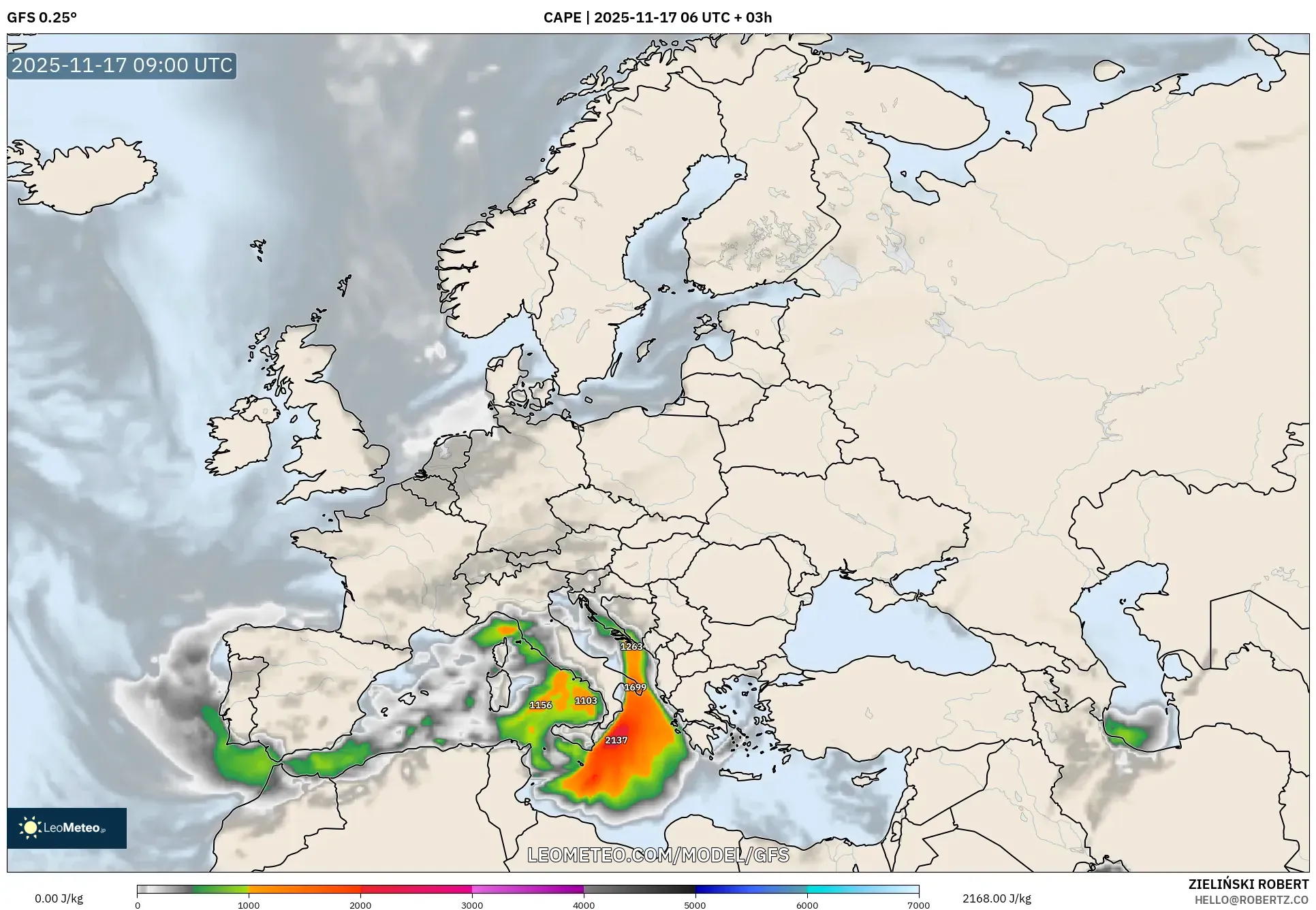 GFS model - Europe, CAPE