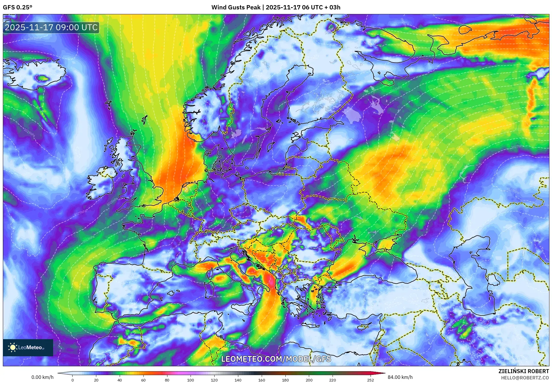 GFS model - Europe, Wind Gusts Peak