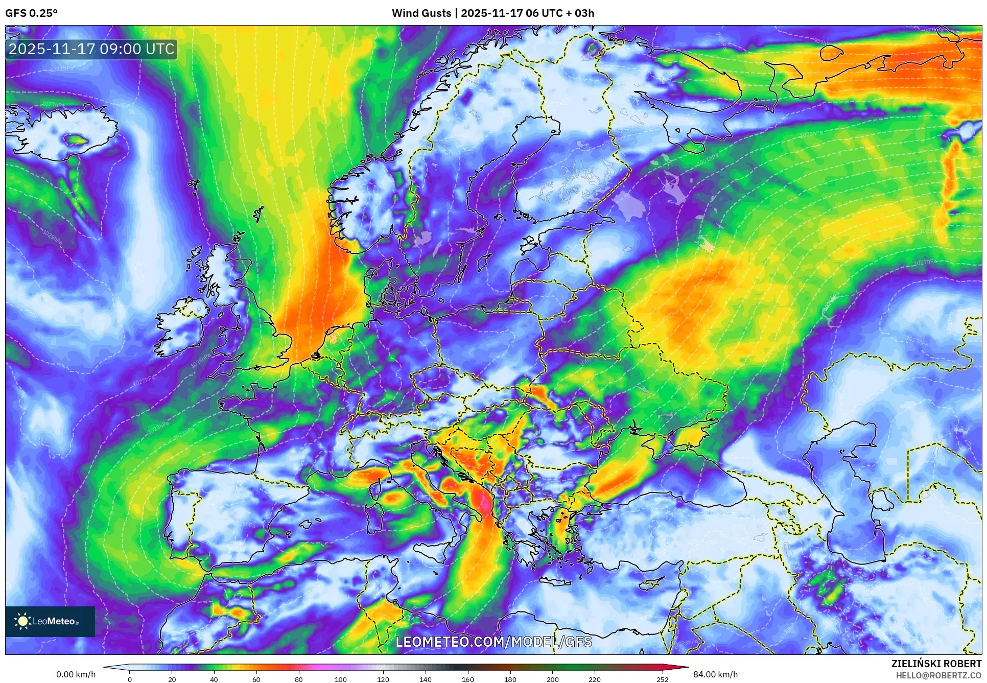 GFS model - Europe, Wind Gusts
