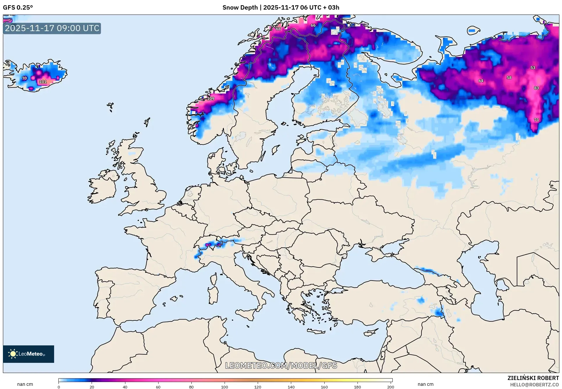 GFS model - Europe, Snow Depth