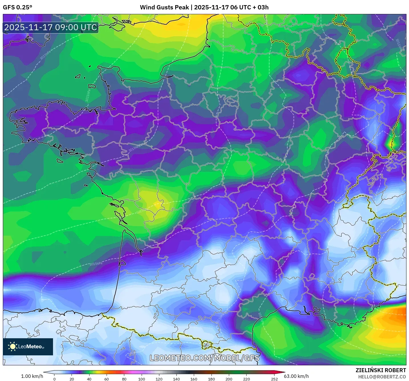 GFS model - France, Wind Gusts Peak