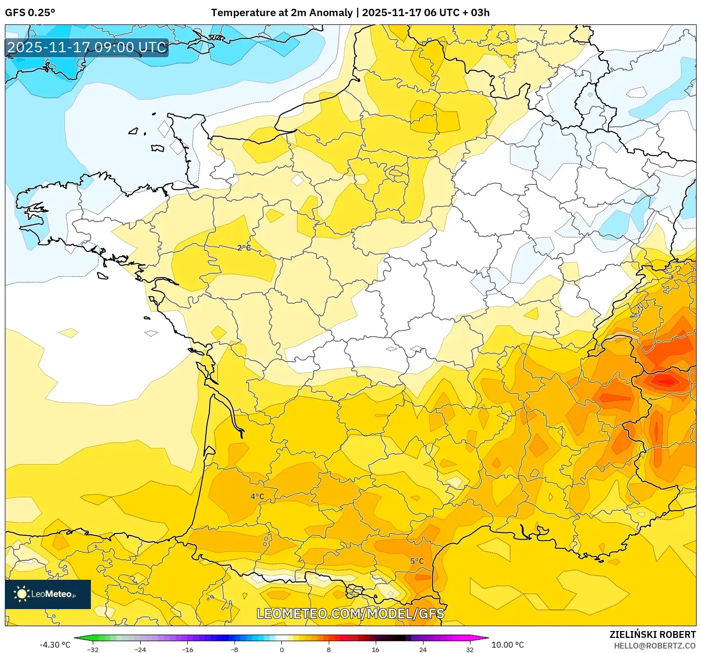GFS model - France, Temperature at 2m Anomaly