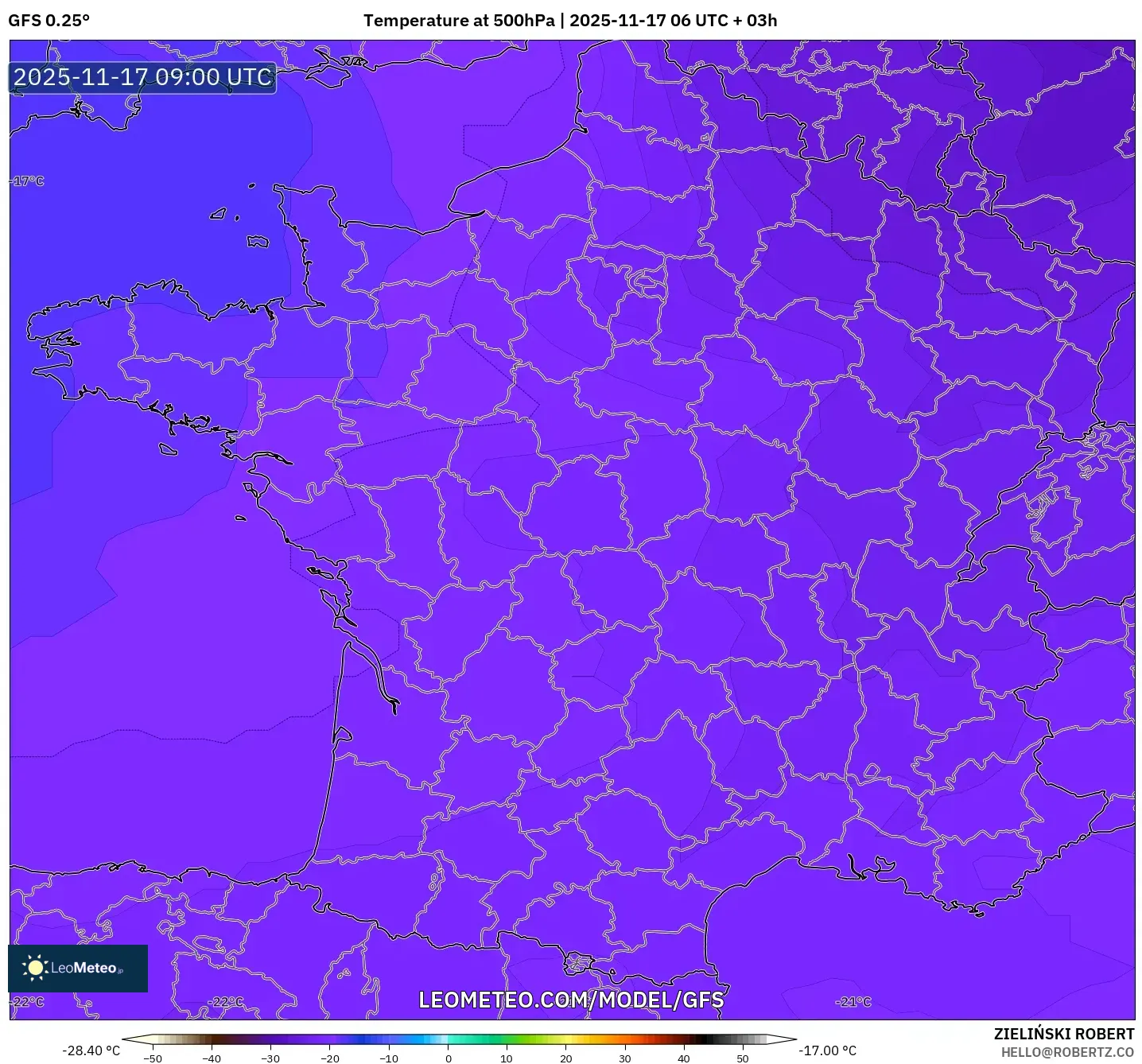 GFS model - France, Temperature at 500hPa