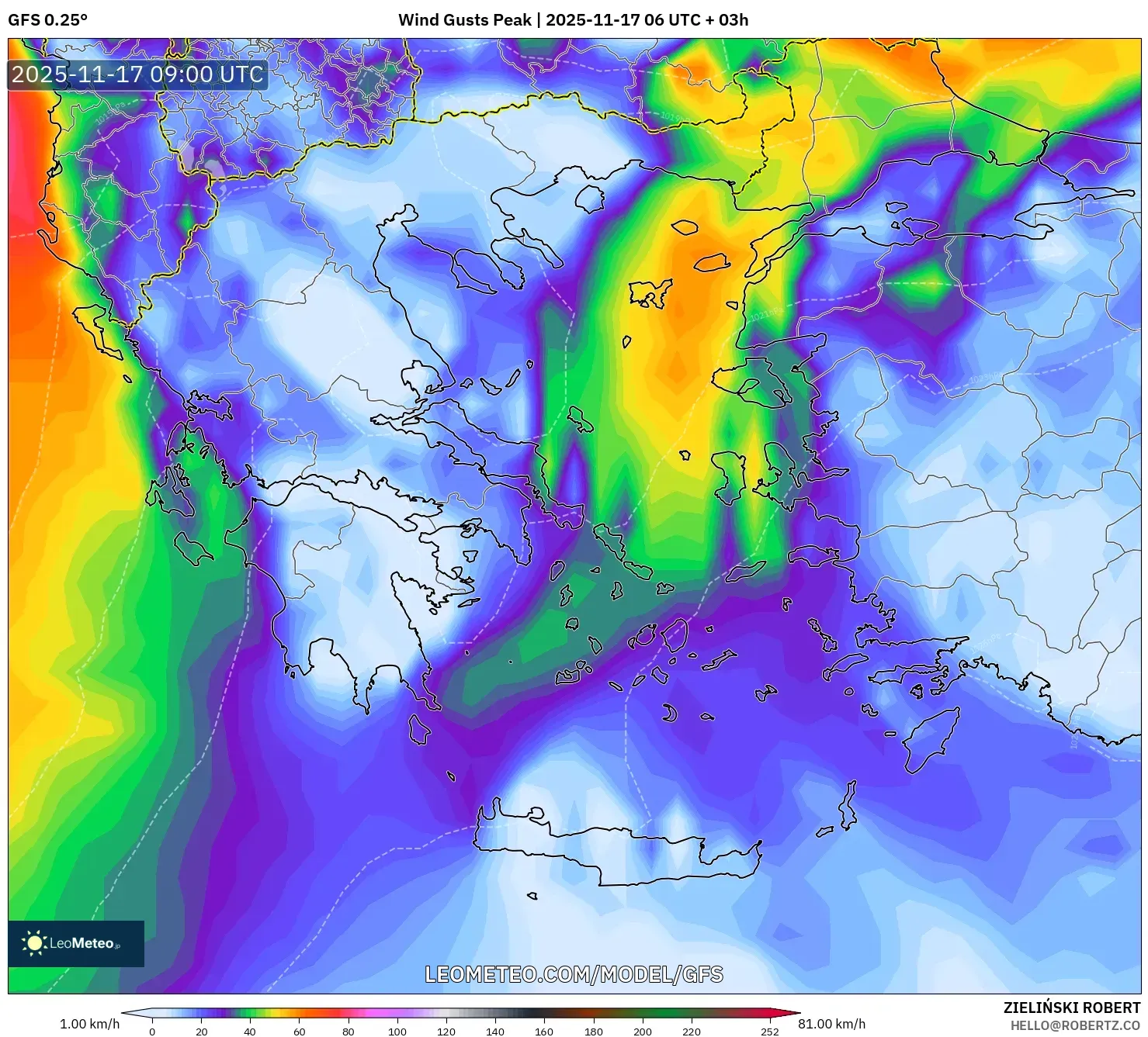 GFS model - Greece, Wind Gusts Peak