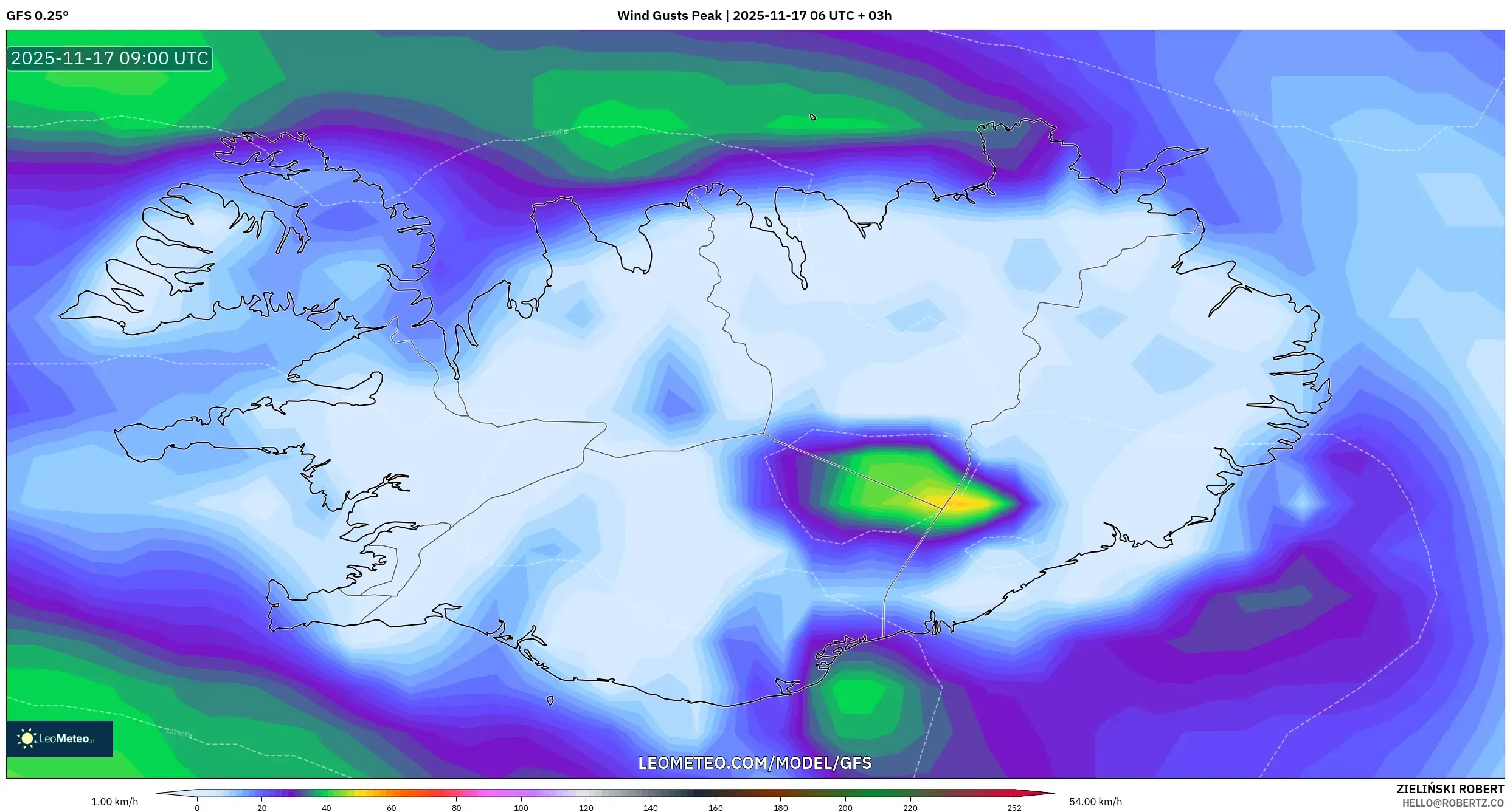 GFS model - Iceland, Wind Gusts Peak