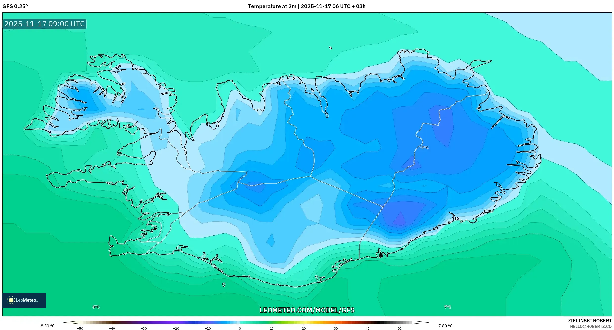 GFS model - Iceland, Temperature at 2m