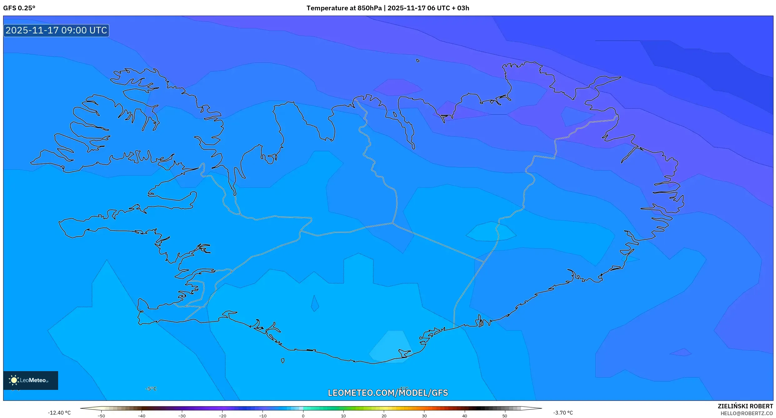GFS model - Iceland, Temperature at 850hPa