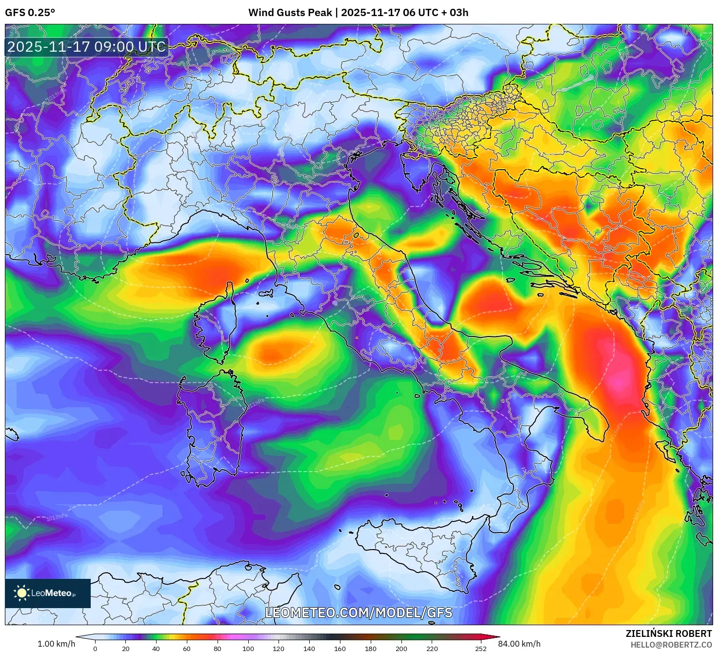 GFS model - Italy, Wind Gusts Peak
